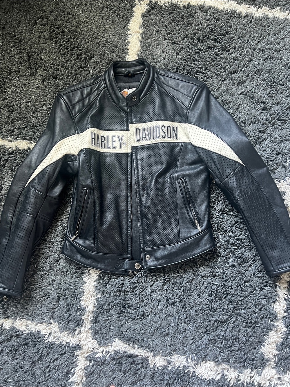 Vintage 2003 Harley-Davidson Black Leather Jacket with White Chest Stripe